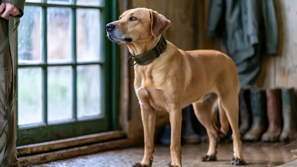 Tan dog wearing an olive tactical dog collar with a metal buckle and D-ring in a mudroom.