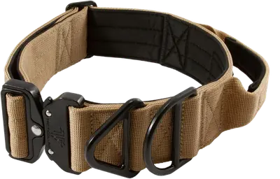 Coyote brown two-inch Tacticollar dog collar with neoprene padding and control handle