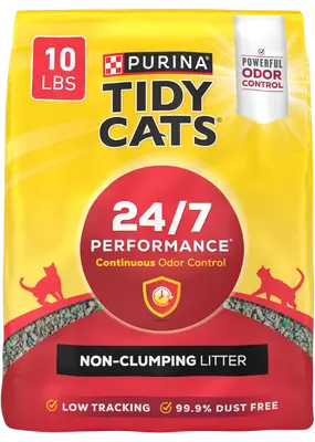 Yellow and red bag of Tidy Cats 24/7 Performance non-clumping cat litter