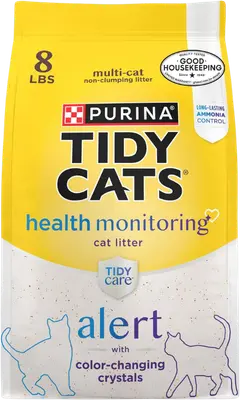Yellow bag of Tidy Cats Tidy Care Alert health-monitoring crystal cat litter