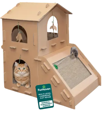 Tiger Tough cardboard cat townhouse with two levels and an angled scratching ramp