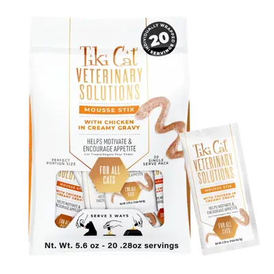Tiki Cat Veterinary Solutions Chicken Mousse Stix cat treat sachets and package