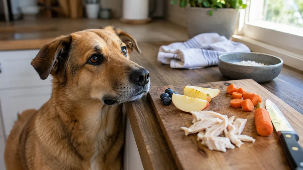 Dog beside apple slices, blueberries, carrots, and plain cooked chicken in a home kitchen