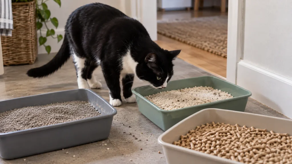 Black-and-white cat inspecting three trays with different types of cat litter, including fine granules and pellets.