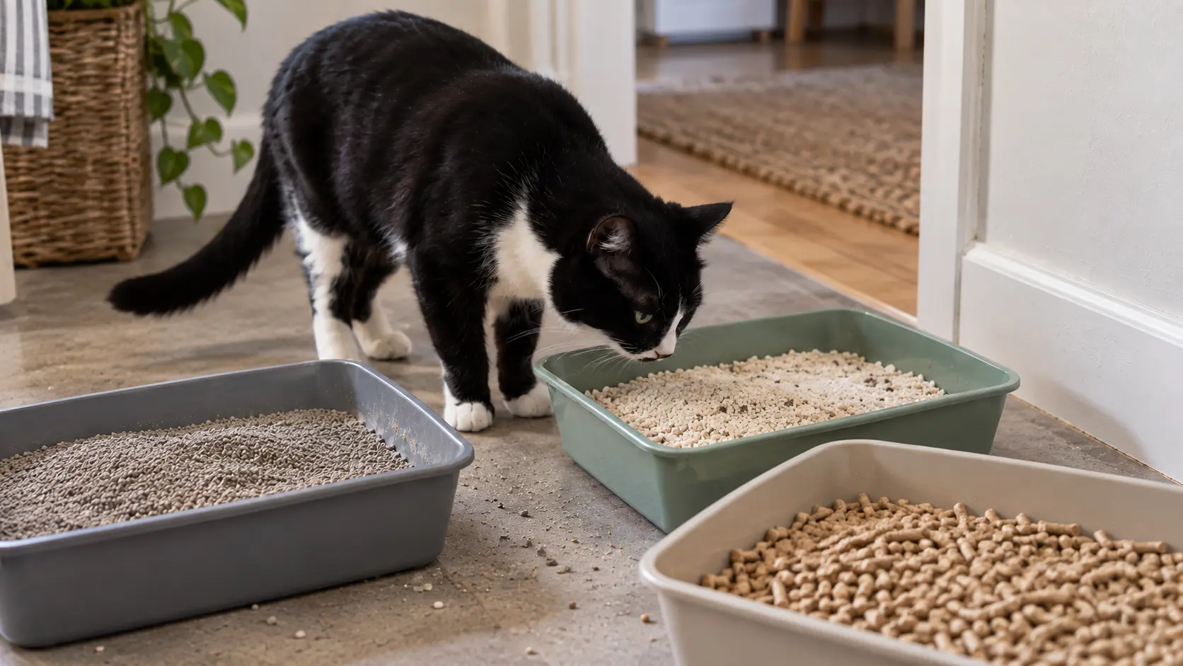 Black-and-white cat inspecting three trays with different types of cat litter, including fine granules and pellets.