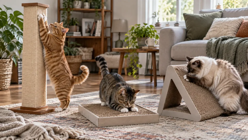 Three cats using vertical, horizontal and angled cat scratcher styles in a living room