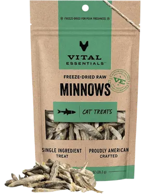 Bag of Vital Essentials freeze-dried minnows with whole fish treats beside it