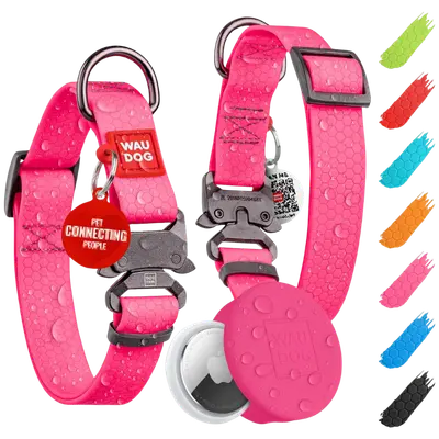 Pink WAUDOG waterproof dog collar with metal quick-release buckle, QR identification tag, and AirTag holder.
