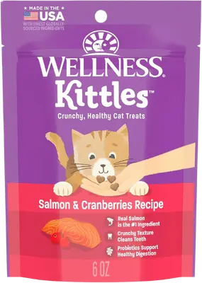 Wellness Kittles Salmon & Cranberries grain-free cat treat bag with small crunchy treats