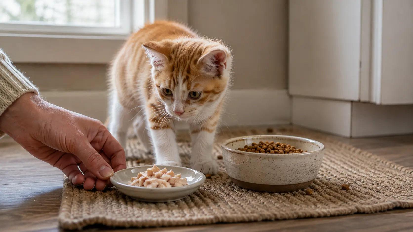 Orange-and-white kitten looking at plain cooked chicken beside a bowl of kitten food
