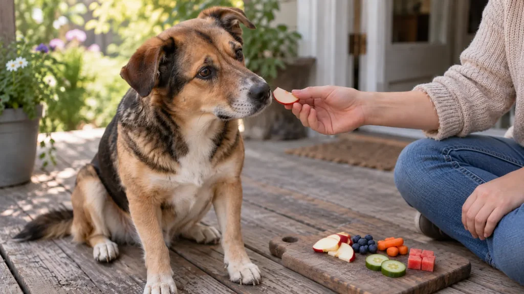 Dog being offered an apple slice beside safe fruits and vegetables