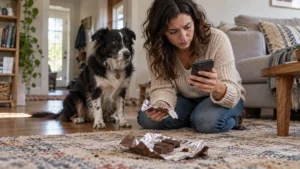 Dog beside its owner with an opened chocolate wrapper on the floor while the owner checks a phone