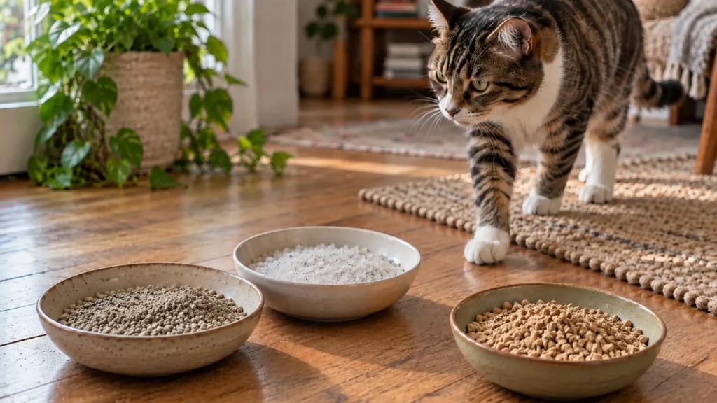 Cat walking beside three bowls of clay, silica crystal, and plant-based cat litter.