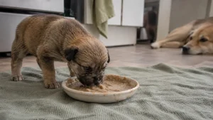 Young puppy eating softened solid food from a shallow bowl while its mother rests nearby.