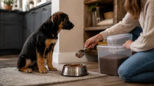 Puppy waiting beside a bowl while an owner mixes food when switching puppy to adult food
