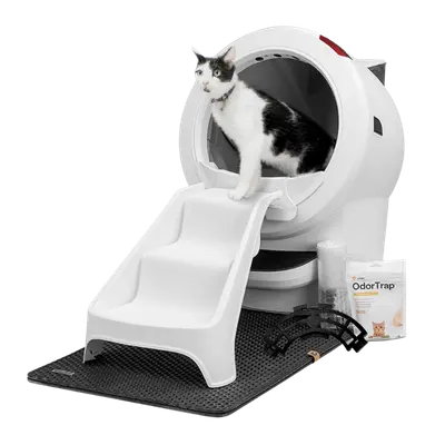 White Litter-Robot 4 Total Bundle with a cat on the ramp, mat and included accessories