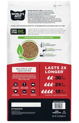 World’s Best Multi-Cat Unscented Clumping Corn Cat Litter bag for natural cat litter comparison