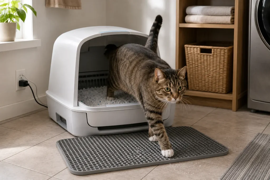 Cat stepping out of an automatic litter box that works with Pretty Litter