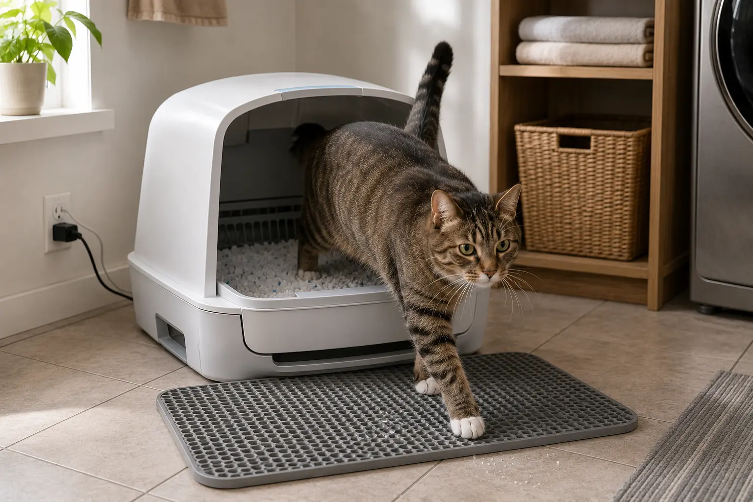 Cat stepping out of an automatic litter box that works with Pretty Litter