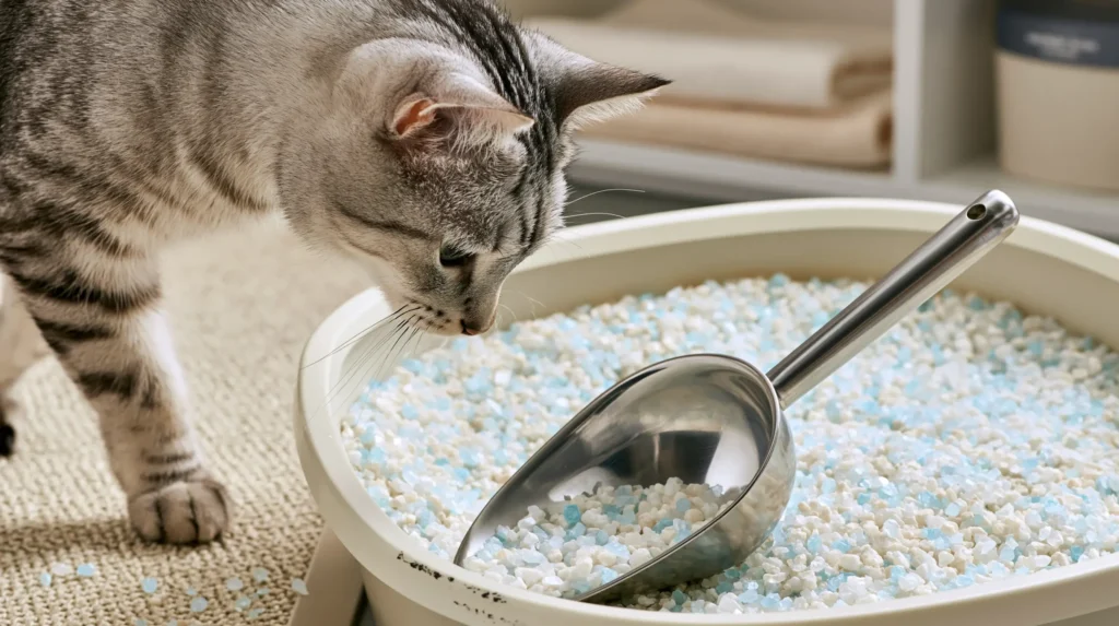 Silver tabby cat inspecting crystal cat litter in a white litter box