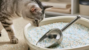 Silver tabby cat inspecting crystal cat litter in a white litter box