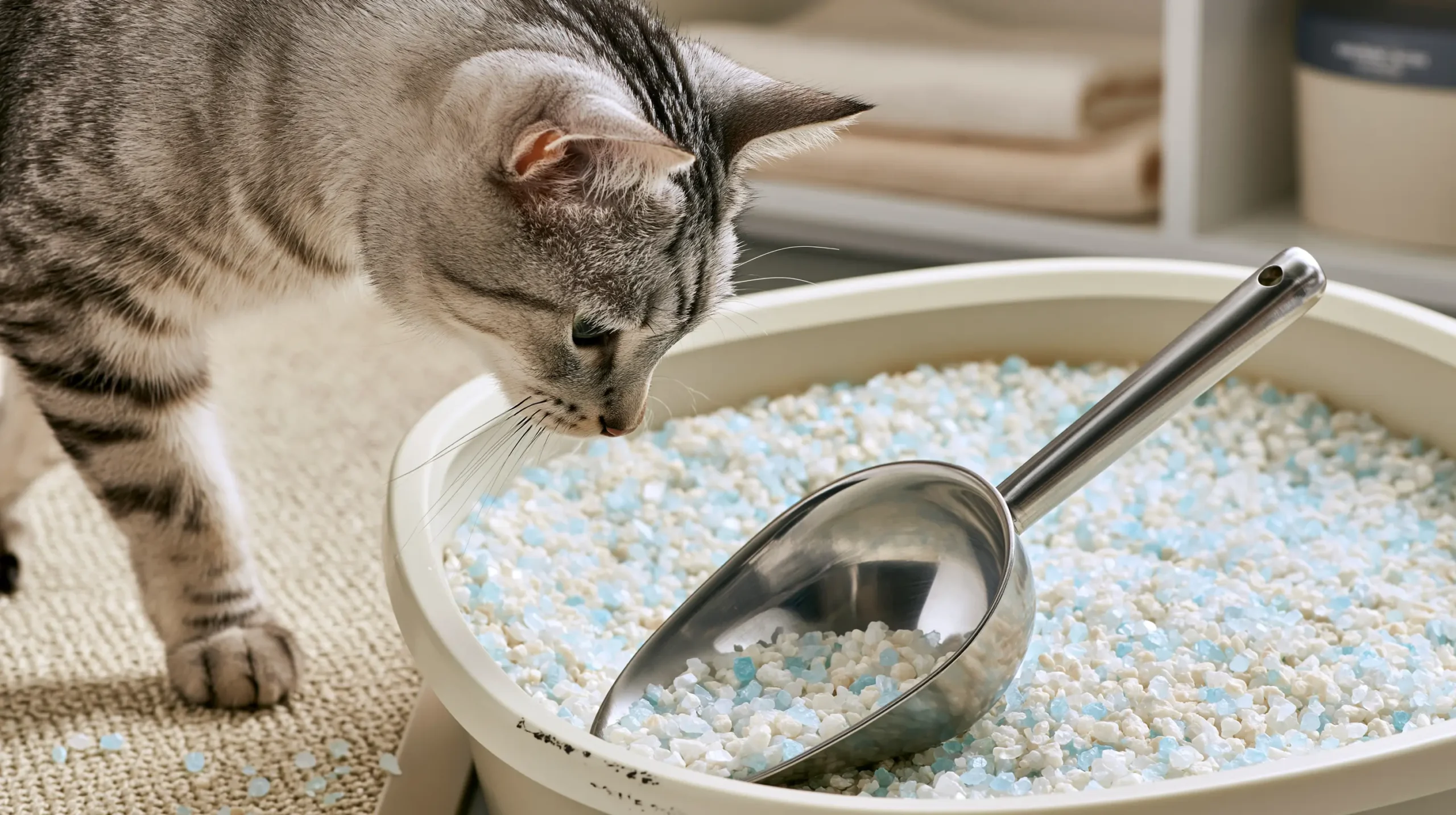 Silver tabby cat inspecting crystal cat litter in a white litter box