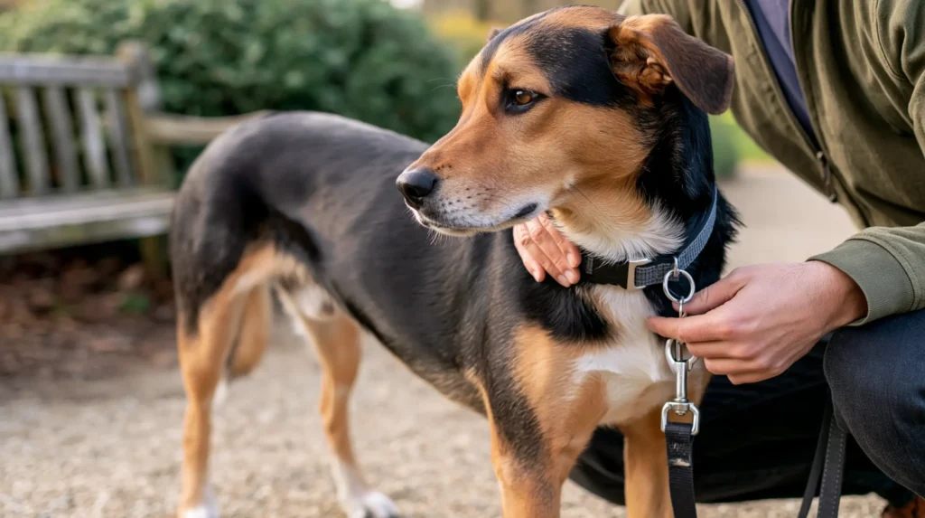 Owner checking the fit of a dog collar before a park walk