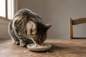 Tabby cat sniffing freeze-dried chicken treats in a small ceramic dish on a wooden table