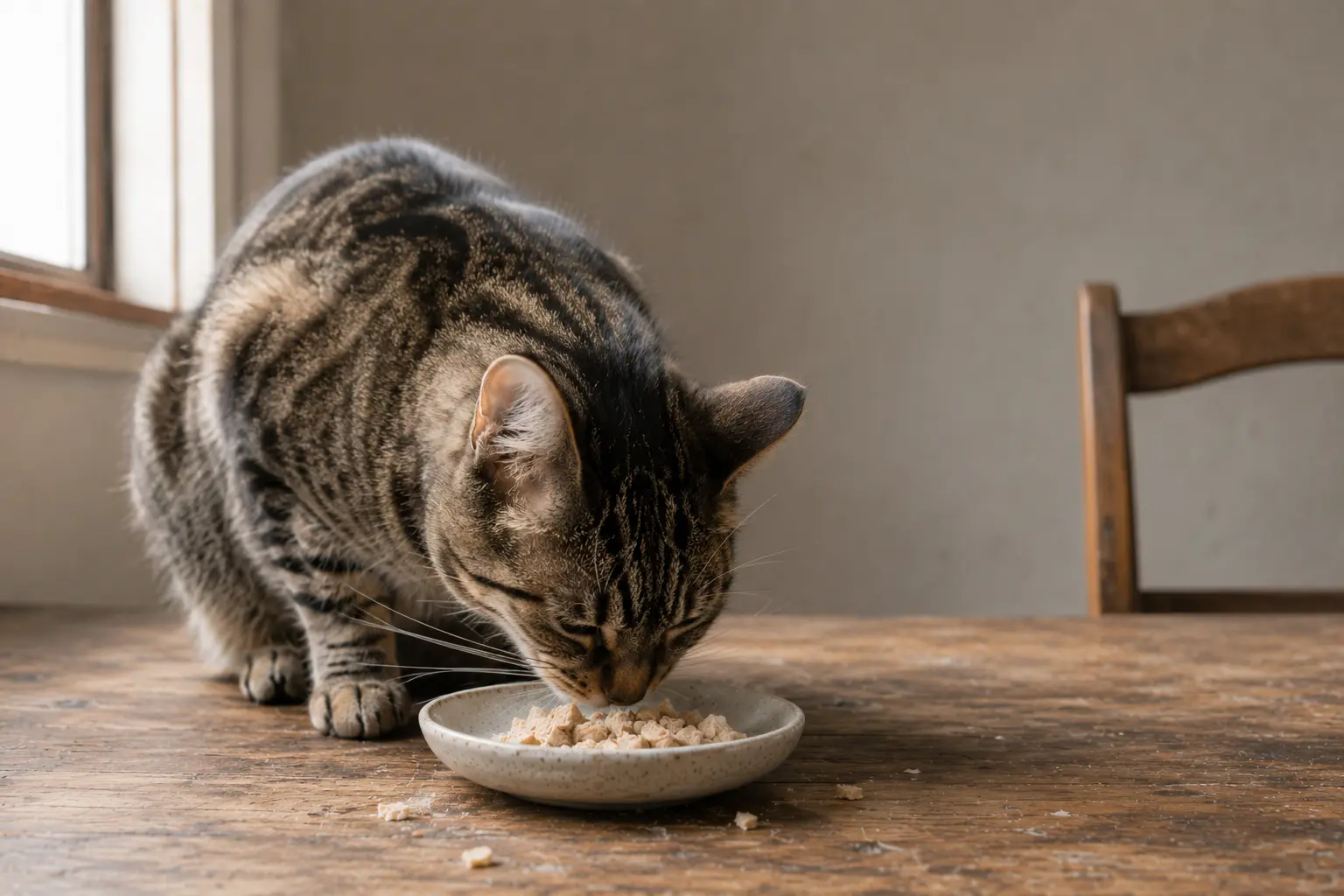 Tabby cat sniffing freeze-dried chicken treats in a small ceramic dish on a wooden table