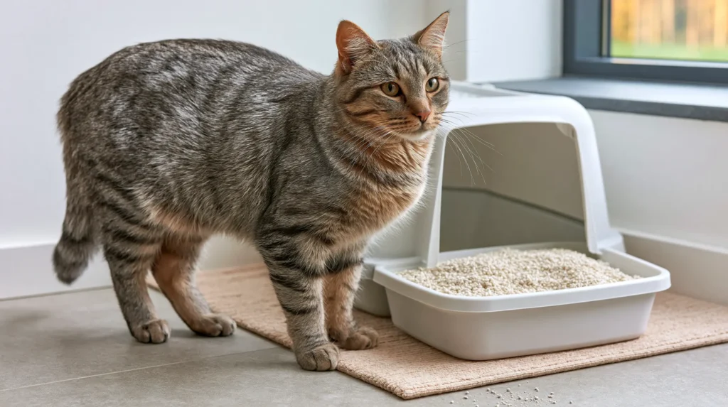 Gray tabby cat beside a clean litter box filled with low dust cat litter in a bright home