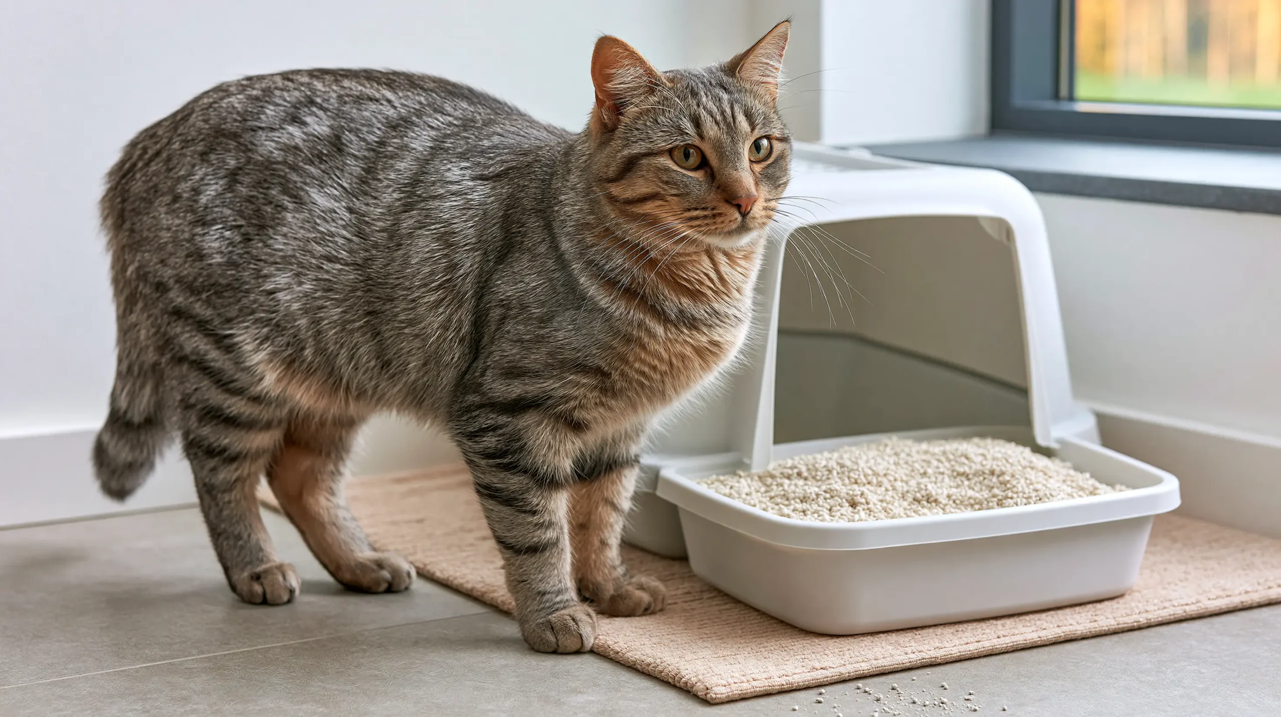 Gray tabby cat beside a clean litter box filled with low dust cat litter in a bright home