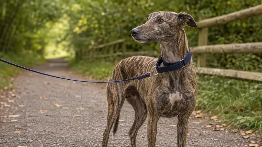 Brindle sighthound wearing a blue martingale dog collar on a wooded walking path.