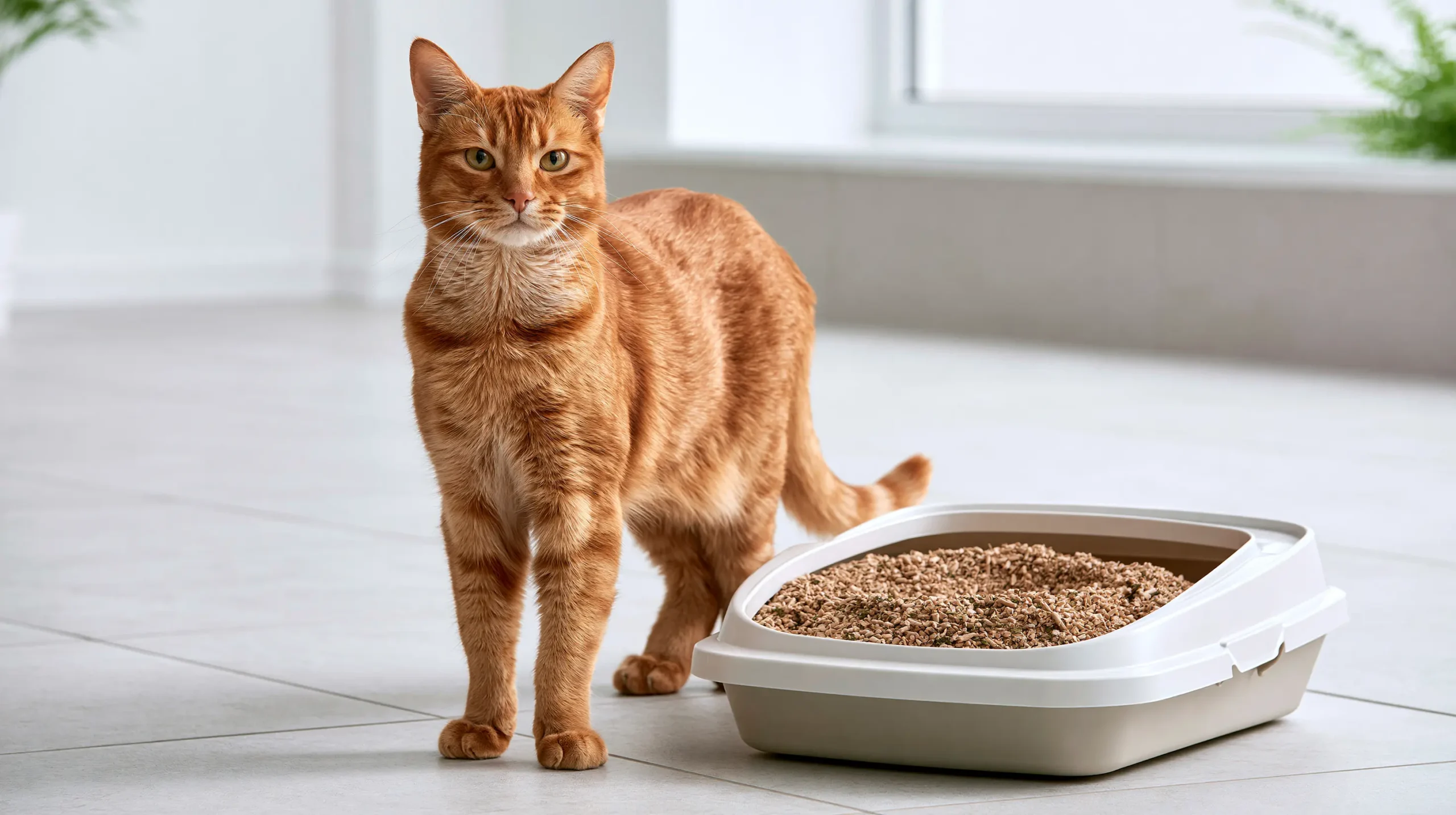 Cat standing beside a clean open litter box filled with natural cat litter
