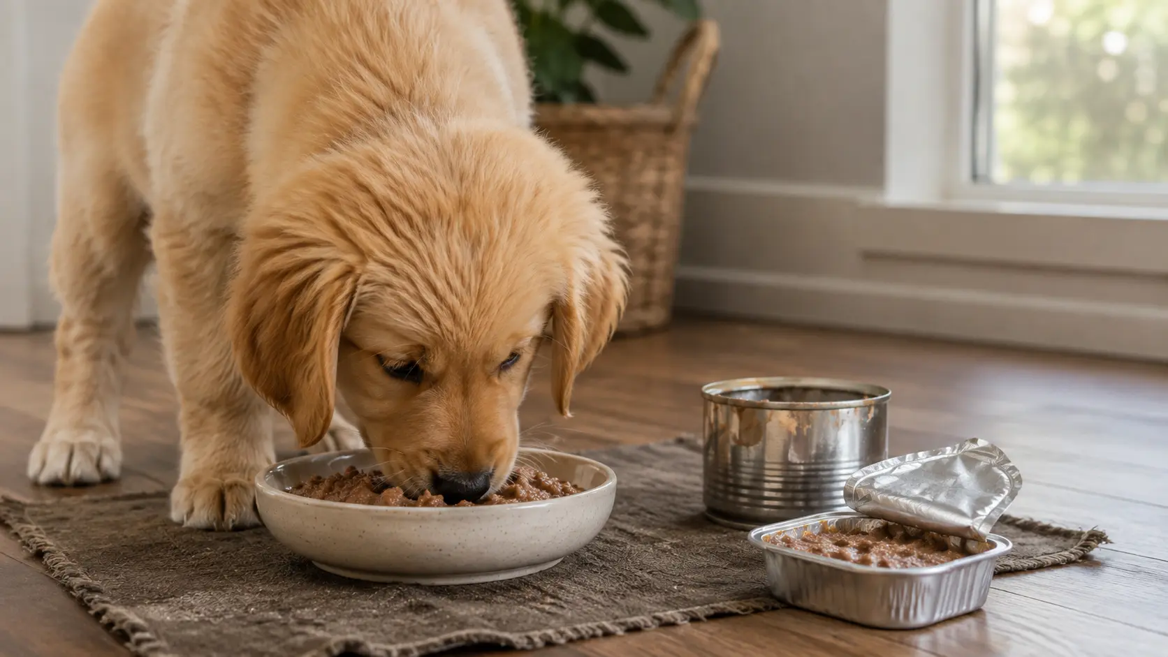 Golden retriever puppy eating wet puppy food beside an open can and tray.