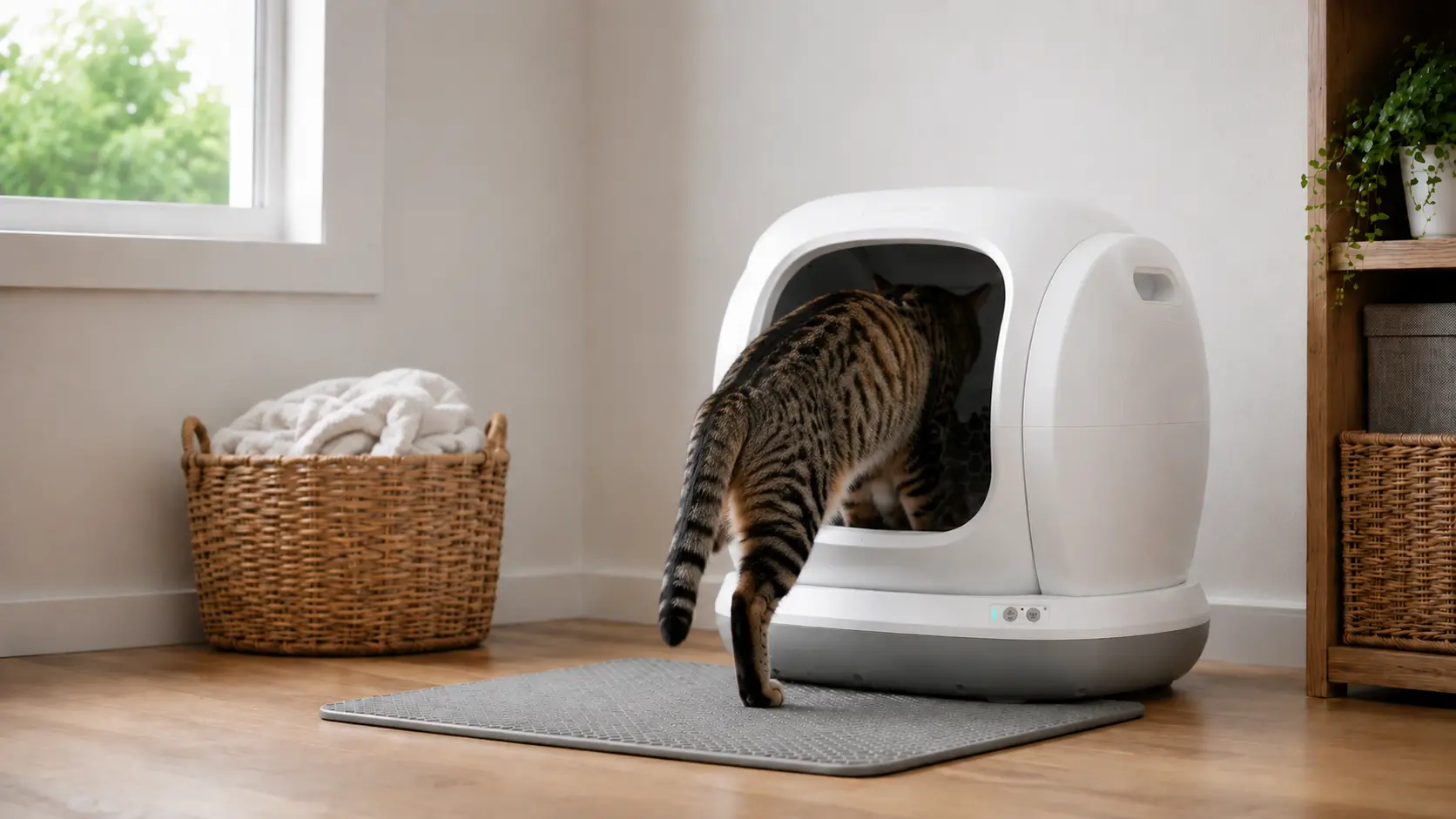 Brown tabby cat entering the Meowant automatic litter box from a gray litter mat.