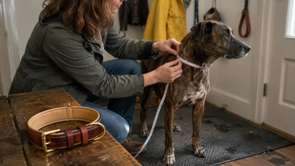 Owner measuring a dog’s neck beside a brown padded leather collar in a home entryway
