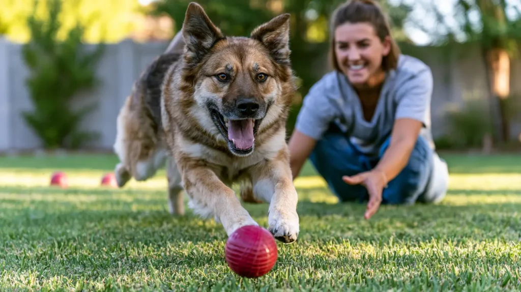 Happy large dog chasing durable dog balls for aggressive chewers outdoors