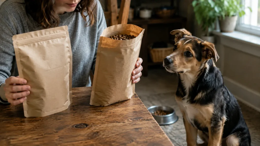 Owner comparing two puppy food bags while a puppy watches nearby