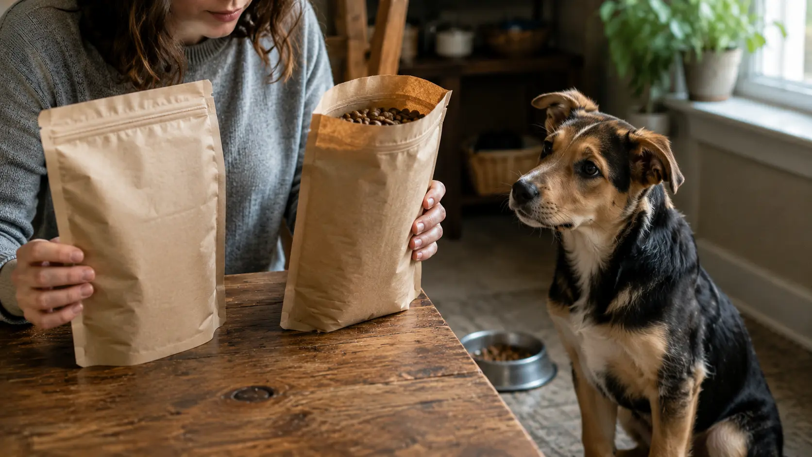 Owner comparing two puppy food bags while a puppy watches nearby