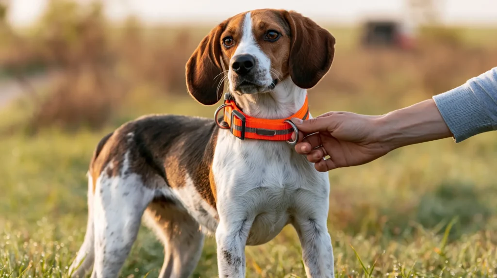 Beagle in a grassy field wearing a bright orange reflective hunting dog collar