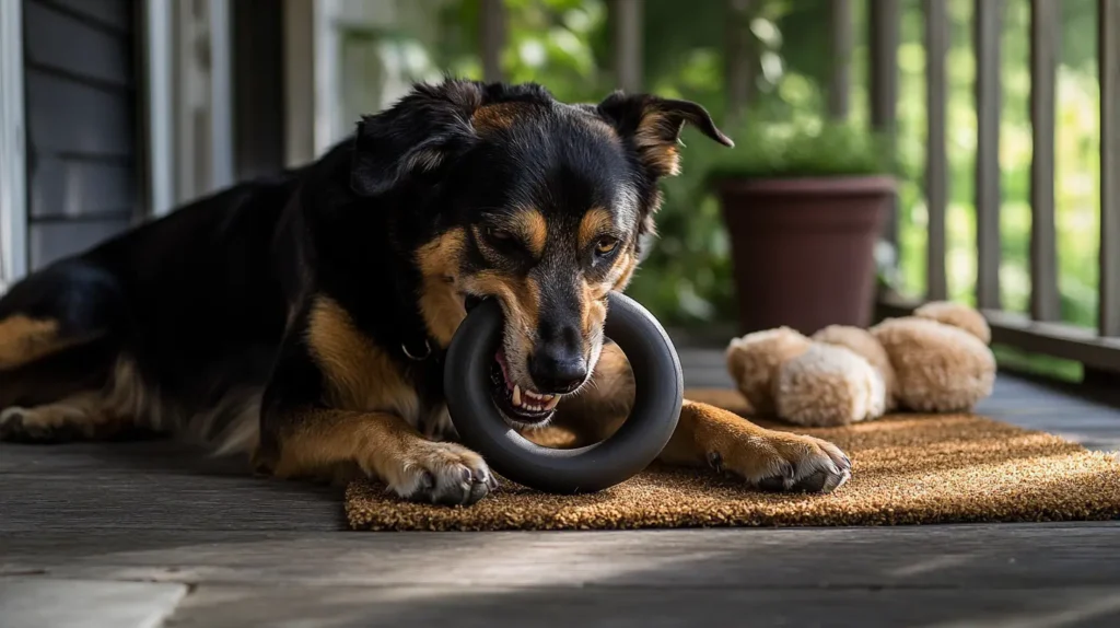 Black-and-tan dog chewing a durable rubber ring from a selection of indestructible dog toys on a shaded porch