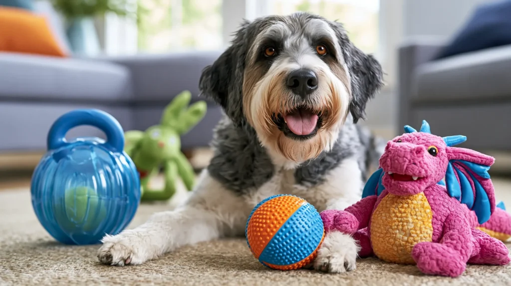 Dog resting with indestructible squeaky dog toys on a living room rug