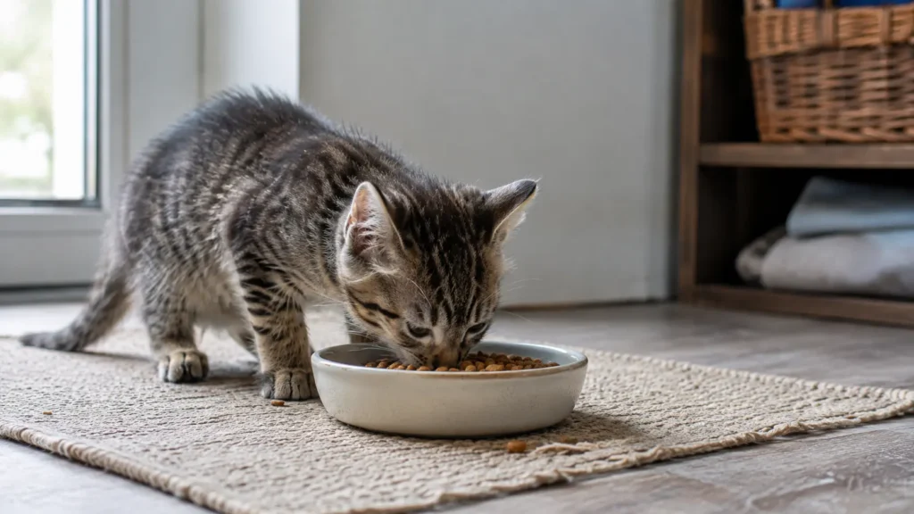 Young tabby kitten eating dry kibble from a ceramic bowl