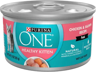Purina ONE Healthy Kitten Chicken and Salmon pâté cans